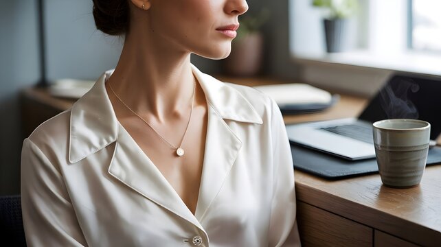 Woman&rsquo;s neck and collarbone in silk blouse with pendant