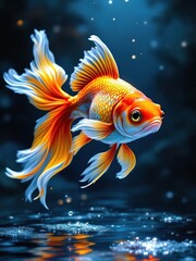 A vibrant goldfish with flowing fins swims gracefully in a dark blue watery environment with bubbles