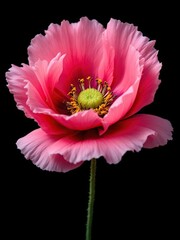 Close up of a single pink poppy flower with yellow center on a black background in studio lighting