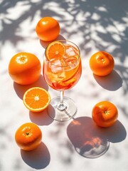 Orange cocktail with oranges and ice in a wine glass under tree shadows on a white surface top view