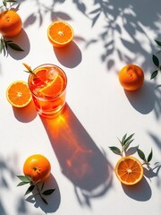 Top view of orange cocktail with ice and orange slices surrounded by oranges and leaves on white surface