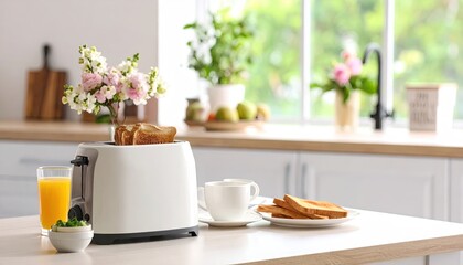 Breakfast scene with flowers, toaster, juice, and coffee
