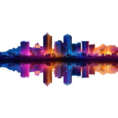 Obraz premium Colorful city skyline at twilight with vivid reflections on calm water surface