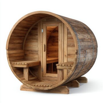 Rustic wooden barrel sauna with glass door and benches on a white background