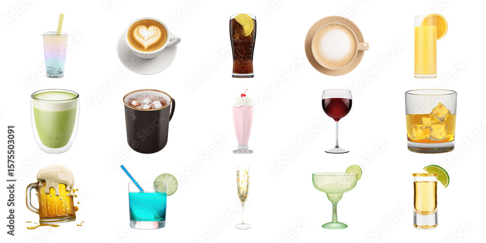 Poster assorted beverage icons set. diverse drink selection for menus and promotions collection isolated on