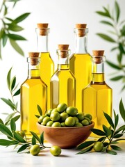 Still life of olive oil bottles with corks and a bowl of green olives surrounded by olive branches