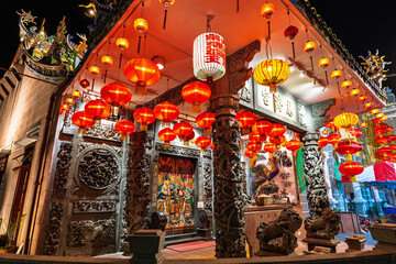 Night view of Choo Chay Keong Buddhist Temple on Armenian Street, beautifully illuminated and...