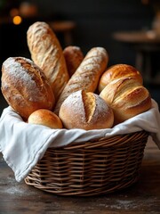A wicker basket filled with an assortment of freshly baked breads and rolls on a wooden surface