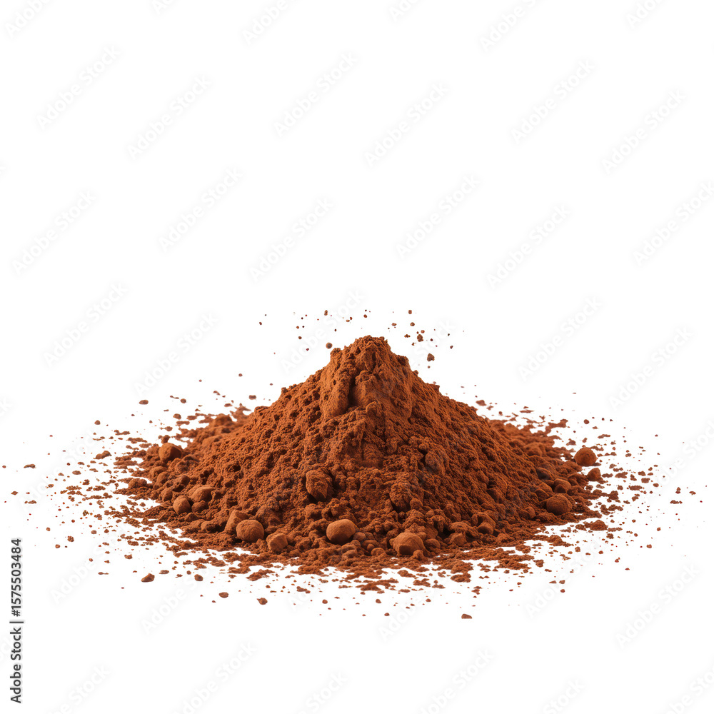 Poster rich dark brown cocoa powder mound with finely dispersed particles dynamically scattering in light f
