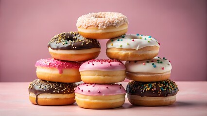 Photo of a tall stack of colorful donuts with various glazes and sprinkles sits against a soft pink background