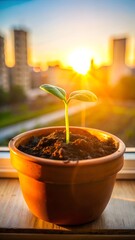 Photo of a small plant seedling grows in a pot against a vibrant sunset sky with city buildings in the background