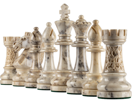 Close-Up of Marble Chess Pieces with Detailed Carvings, Side Angle, Isolated on Transparent Background