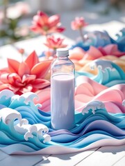 A bottle of milk surrounded by paper waves and flowers on a white wooden surface in soft light