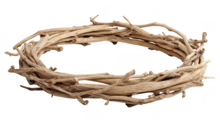 A circular wreath crafted from natural wood branches, isolated on a transparent background