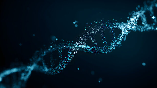 Glowing DNA strand forms a universal equation with floating life forms, symbolizing the unity of biological theory