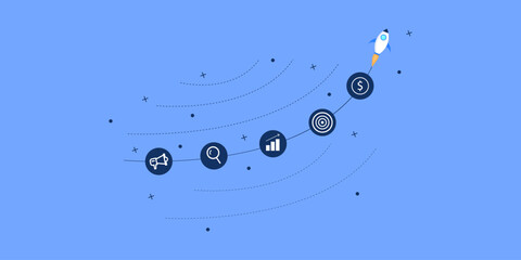 Rocket surges through a dynamic roadmap, growth marketing indicator.