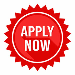 Red circular badge with bold white apply now text perfect for calls to action