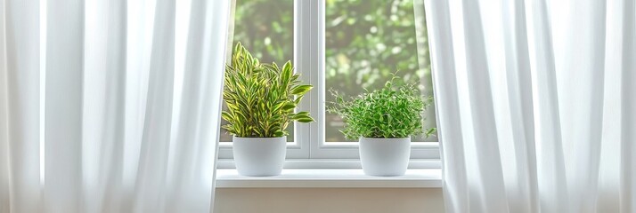 Fototapeta premium Sunlit Window Scene with Green Plants and Sheer Curtains for a Bright Minimalist Interior Design