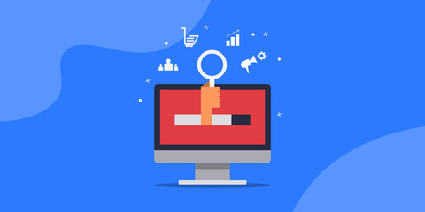 Analytical lens emerges from computer screen, high lighting digital marketing and search optimization.