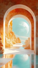 Looking Through Arches at a Distant Moon and Rocky Seascape