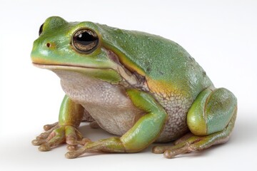 Obraz premium Detailed close up of a bright green tree frog with large golden eyes and textured skin against a clean white background