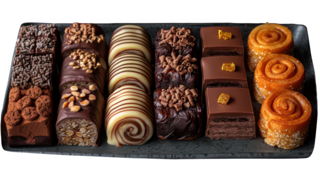 A dark rectangular tray holds an assortment of decadent chocolates and pastries, showcasing a variety of sweet treats isolated on transparent background