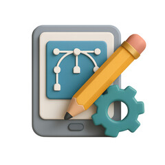 App Development Concept Illustration Sleek Tablet Pencil and Gear Symbolizing Creativity Customization and Technological Advancement in Application Design