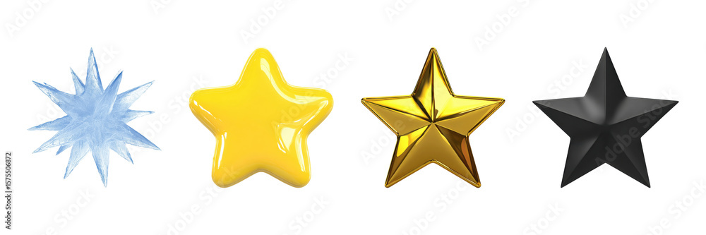Poster four distinct star designs set. decorative elements and symbolism collection isolated on transparent