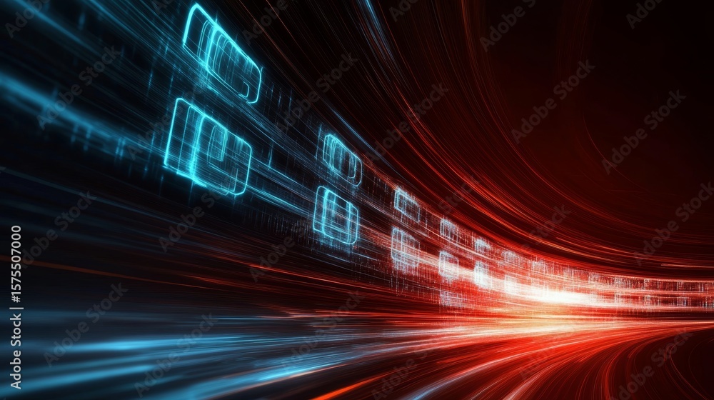 Poster abstract representation of fast data flow with blue cubes and dynamic red energy trails in motion.