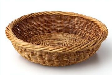 Fototapeta premium Empty woven wicker basket with a thick twisted rim on a white background