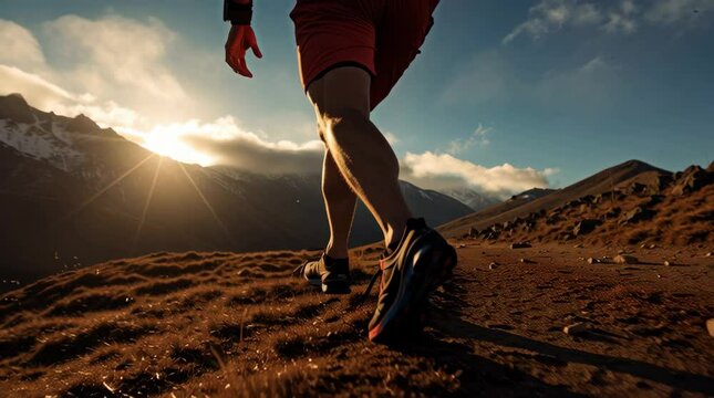 Muscular male trail runner running uphill on the mountain at sunset. Sport training in the nature.	