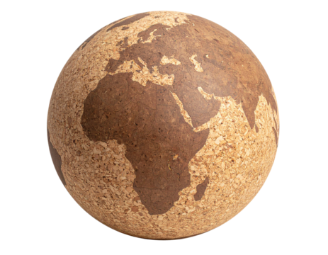 Eco-Friendly Cork Globe with Visible Continents, Front View, Isolated on Transparent Background