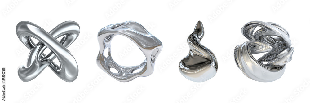 Poster abstract metallic sculptures set. modern art and design elements collection isolated on transparent 