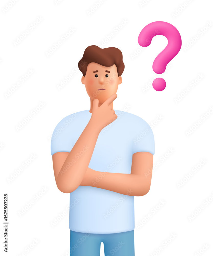 Poster confused man james thinking in a thoughtful pose with question mark. choice, problem solving concept