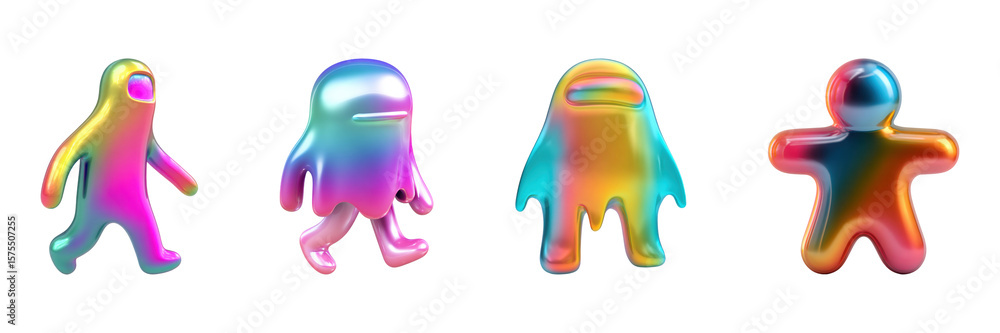 Poster colorful abstract characters set. vibrant 3d figures in modern art collection isolated on transparen