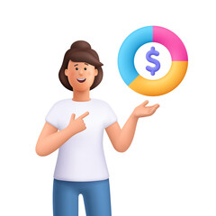 Young smiling woman Jane pointing to pie chart diagram with a purple dollar sign in the center. Finance and business analysis concept. 3d vector people character. Cartoon minimal style.