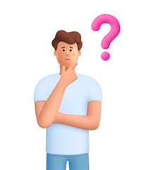Confused man James thinking in a thoughtful pose with question mark. Choice, problem solving concept. 3d vector people character. Cartoon minimal style.