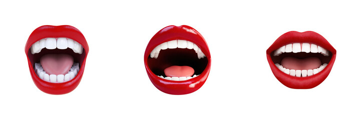 Naklejka premium Red Lipstick Mouth Expressions Set. Beauty And Cosmetic Art Collection Isolated On Transparent Background