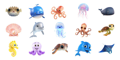 Cute Marine Animal Illustrations Set. Ocean-Themed Cartoon Characters Collection Isolated On Transparent Background