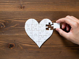 Completing the heart puzzle on wooden background showcases love, connection, and the importance of solving relationship challenges