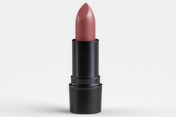Fototapeta premium Close up studio shot of a shimmering rose gold lipstick with a textured black case against a white background