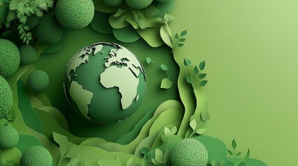 World Environment Day Banner - Blossoming Globe in Springtime. Globe surrounded by spring flowers on verdant background.