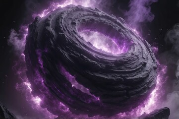Stone donut-shaped object glows purple amid smoky haze, against a dark backdrop