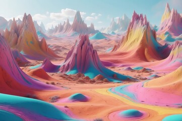 Surreal landscape with pastel mountains under a blue sky and fluffy clouds