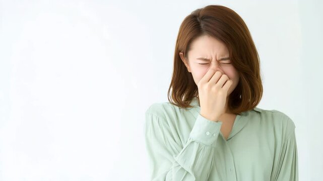 白背景で顔をしかめる女性のポートレート