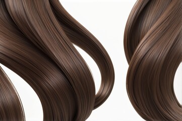 Brown hair strands curl elegantly on white, textured, shiny, and flowing