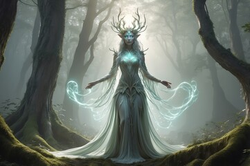 An ethereal elf woman in a flowing white gown, adorned with antlers, stands amidst a mystical forest, emanating soft, glowing blue energy from her hands.  