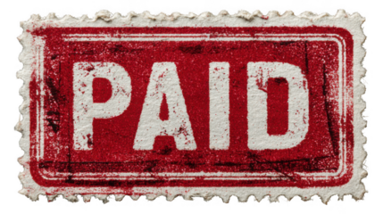 A red postage stamp with a distressed texture clearly reads paid in bold white letters isolated on transparent background