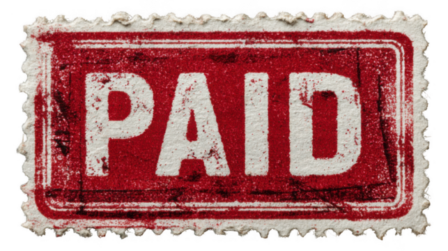 A red postage stamp with a distressed texture clearly reads paid in bold white letters isolated on transparent background