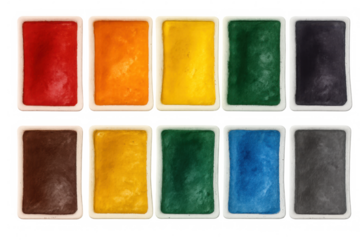 Watercolor paint pans displaying vivid pigments in organized rows, sitting against transparent backdrop for creative artwork design